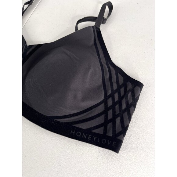 HONEYLOVE Women's Black Wire Free Padded Velvet Pattern Bra Large - Picture 2 of 4